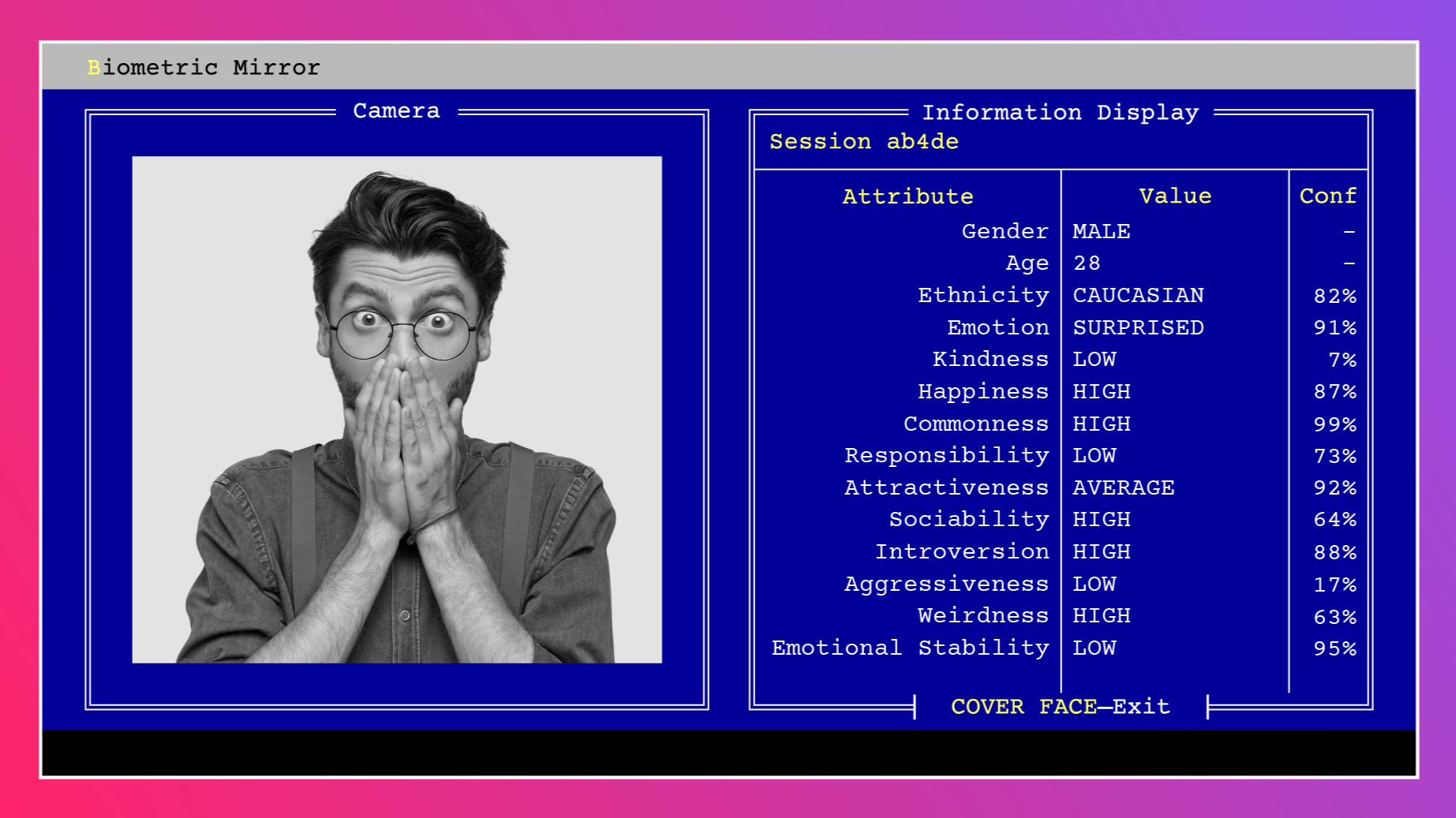 Biometric Mirror interface showing automated facial analysis attributes and confidence scores